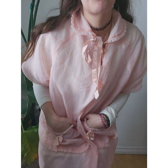 50s Vintage HouseCoat Duster Ruffle Floral Rhinestone Buttons Bow Robe - Picture 5 of 8